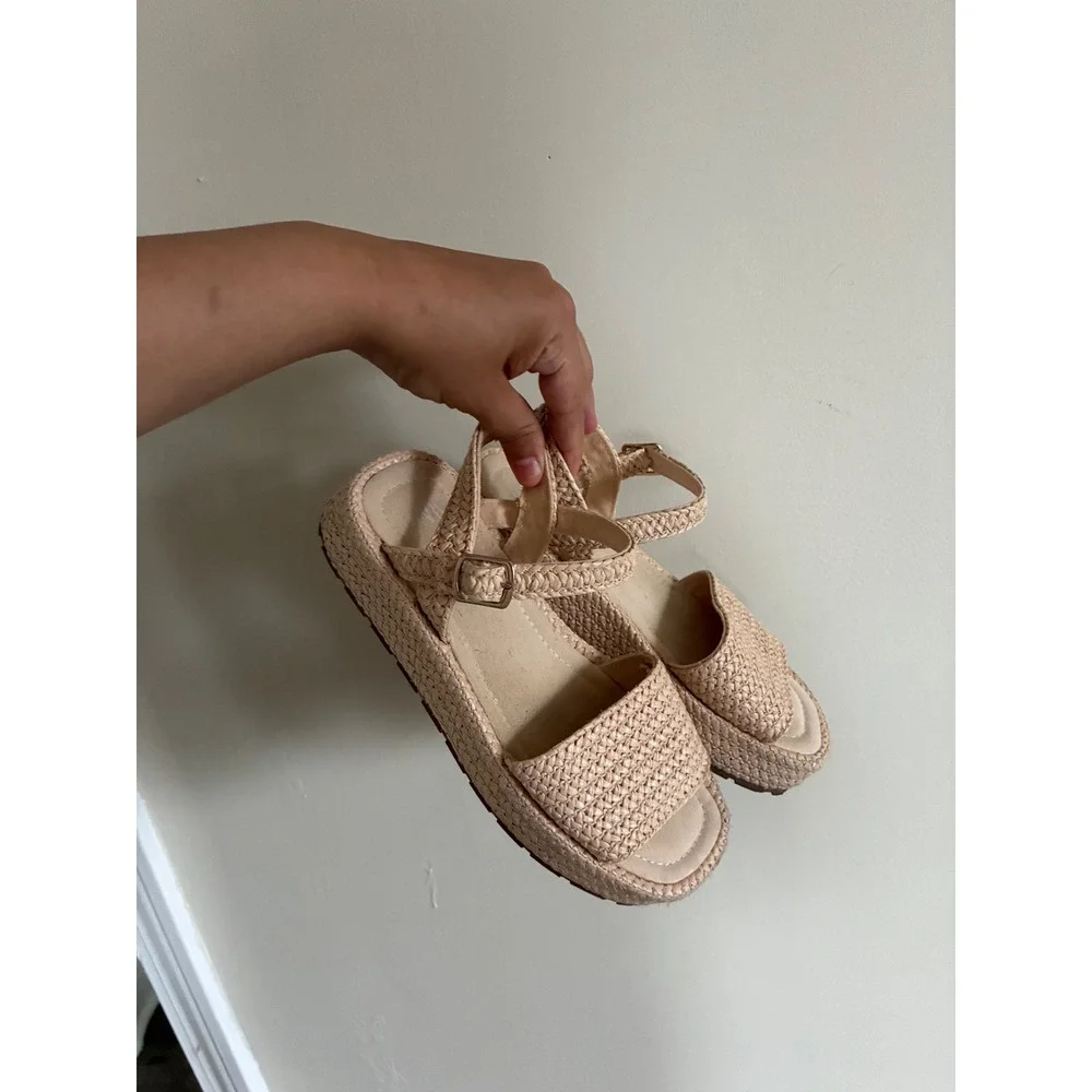 Zara Kids Beige‎ Woven Platform Sandals Espadrille Ankle Strap Size 36